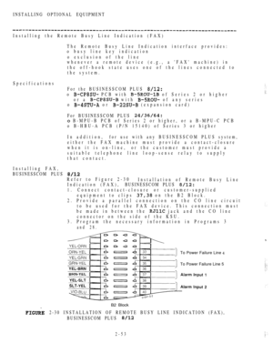 Page 105INSTALLING OPTIONAL EQUIPMENT
Installing the Remote Busy Line Indication (FAX)
The Remote Busy Line Indication interface provides:
o busy line key indication
o exclusion of the line
whenever a remote device (e.g., a FAX machine) in
the off-hook state uses one of the lines connected to
the system.
Specifications
For the BUSINESSCOM PLUS 
o  PCB with  of Series 2 or higher
or a 
 with  of any series
o 
 or  (expansion card)
Installing FAX,
BUSINESSCOM PLUSFor BUSINESSCOM PLUS 
 B-MPU-B PCB of Series 2 or...