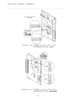 Page 126INSTALLING OPTIONAL EQUIPMENT
----------------------------------------------------------------------
NOTE: Switches Shown Turned Clockwise.
FIGURE 2-40 B-SMDR-SA PCB (P/N 150751,
BUSINESSCOM PLUS 
FIGURE 2-41 B-SMDR-LA PCB (P/N 153451,
BUSINESSCOM PLUS 
2-74 