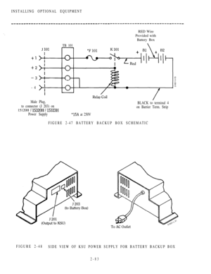 Page 135INSTALLING OPTIONAL EQUIPMENT
TB 101
RED Wire
Provided with
Battery Box
-4
Male Plug,
BLACK to terminal 4
to connector (J 203) on
15120H  on Barrier Term. Strip
Power Supply
 at 250V
FIGURE 2-47 BATTERY BACKUP BOX SCHEMATIC
FIGURE 2-48
SIDE VIEW OF KSU POWER SUPPLY FOR BATTERY BACKUP BOX
2-83 