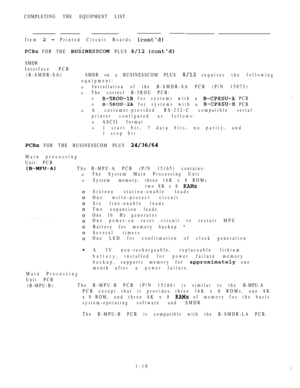 Page 19COMPLETING THE EQUIPMENT LIST
Item 
  Printed Circuit Boards 
 FOR THE  PLUS  
SMDR
Interface PCB
(B-SMDR-SA)SMDR on a BUSINESSCOM PLUS 
 requires the following
equipment:
0Installation of the B-SMDR-SA PCB (P/N 15075)
0The correct B-5ROU PCB:
0 for systems with a  PCB
0 for systems with a  PCB
0A customer-provided RS-232-C compatible serial
printer configured  as follows:
0ASCII format
01 start bit, 7 data bits, no parity, and
1 stop bit
 FOR THE BUSINESSCOM PLUS 
Main processing
Unit PCB
The
0
0...