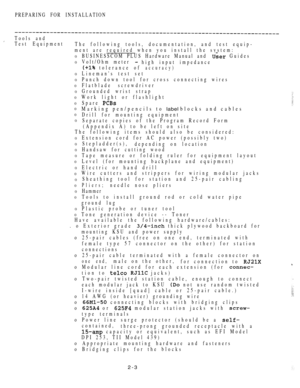 Page 55PREPARING FOR INSTALLATION
Tools and
Test Equipment
The following tools, documentation, and test equip-
ment are required when you install the system:
0
0
0
0
0
0
0
0
0
0
0BUSINESSCOM PLUS Hardware Manual and  Guides
Volt/Ohm meter 
high input impedance
 tolerance of
Linemans test setaccuracy)
Punch down tool for cross connecting wires
Flatblade screwdriver
Grounded wrist strap
Work light or flashlight
Spare 
Marking pen/pencils to label blocks and cables
Drill for mounting equipment
Separate copies of...