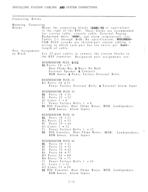 Page 66INSTALLING STATION CABLING  SYSTEM CONNECTIONS
Connecting Blocks
Mounting Connecting
BlocksMount the connecting blocks 
 or equivalent)
to the right of the KSU.
These blocks are recommended
for station cable, console cable, External Paging,
Background music 
and alarm terminations (see
Tables 2-l through 
 By specification, 
COM PLUS systems use twisted-pair station cabling 
wiring in which each pair has ten twists per 
length of cable.
Port Assignments
on BlockUse 25-pair cables to connect the station...