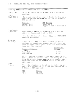 Page 76II-4INSTALLING THE  AND CHECKING WIRING
Inserting  in the BUSINESSCOM PLUS 
Setting WR Set the WR switch on the B-MPU- PCB to the initial
position.
Setting
 B-TSU-ATo select internal or external Music On Hold on a
BUSINESSCOM PLUS 
 set SW1 on the B-TSU-A
PCB as follows:
Feature
 
Internal MOHPosition 1
External MOHOpposite end of Position 1
Potentiometer
AdjustmentsPotentiometer 
 on the B-TSU-A PCB is used to
adjust the background level for MOH.
(For installation of optional 
 see INSTALLING
OPTIONAL...