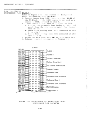 Page 83INSTALLING OPTIONAL EQUIPMENT
BGM Installation,
BUSINESSCOM PLUS
Refer to Figure 2-13 Installation  of  Background
Music,BUSINESSCOM PLUS 
1. Connect inputs from BGM source to clips  of
the 
 Block. If the BGM source is not used as a
source for MOH,proceed to step 3.
2. If BGM source is also used as  a source for MOH:
a.Overlap approximately four inches of wire, and
punch down the wire approximately four inches
from the end.
 Punch down overlap from wire connected at clip
21 to clip 9.
C.Punch down...