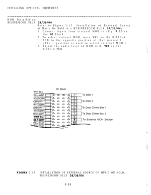 Page 85INSTALLING OPTIONAL EQUIPMENT
MOH Installation,
BUSINESSCOM PLUS 
Refer to Figure 2-15Installation of External Source
of Music On Hold in a BUSINESSCOM PLUS 
1. Connect inputs from external MOH to clip  on
the 
 Block.
2. To select external MOH, move SW1 on the B-TSU-A
PCB to the opposite position of that marked 1.
(The 1 position is used to select internal MOH.)
3. Adjust the audio level of MOH with 
 on the
B-TSU-A PCB.
 Block
WHT-BLU
  To DSS 
To Door Chime Box
To External MOH Source
 2-15INSTALLATION...