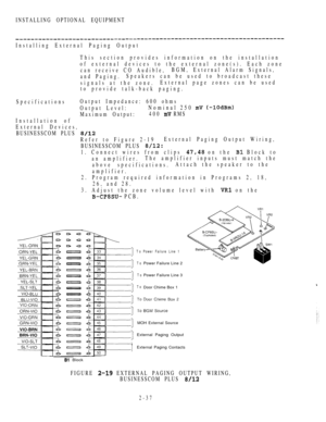 Page 89INSTALLING OPTIONAL EQUIPMENT
Installing External Paging Output
This section provides information on the installation
of external devices to the external zone(s). Each zone
can receive CO Audible,BGM, External Alarm Signals,
and Paging.Speakers can be used to broadcast these
signals at the zone.External page zones can be used
to provide talk-back paging.
SpecificationsOutput Impedance: 600 ohms
Output Level:
Nominal 250  
Maximum Output:400  RMS
Installation of
External Devices,
BUSINESSCOM PLUS 
Refer...