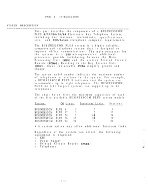 Page 10PART IINTRODUCTION
SYSTEM DESCRIPTION
This part describes the components of a BUSINESSCOM
PLUS 
 Electronic Key Telephone System,
including the stations,instruments,
specifications,
site,and  (telephone company) requirements.
The BUSINESSCOM PLUS system is a highly reliable,
computerized telephone system that is designed to
improve office communications.
The main processor for
the systems is a 
 microprocessor: additional
processors provide tasksharing between the Main
Processing Unit 
 and the station...