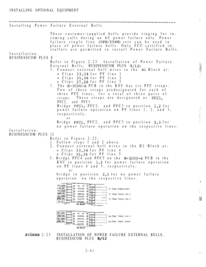 Page 93INSTALLING OPTIONAL EQUIPMENT
Installing Power Failure External Bells
These customer-supplied bells provide ringing for in-
coming calls during an AC power failure only. Power
failure single line 
 sets can be used in
place of power failure bells. Only FCC-certified in-
stallers are permitted to install Power Failure Bells.
Installation,
BUSINESSCOM PLUS 8
Refer to Figure 2-23Installation of Power Failure
External Bells,BUSINESSCOM PLUS 
1. Connect external bell wires to the  Block at:
o Clips 
 for PF...