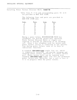 Page 96INSTALLING OPTIONAL EQUIPMENT
Installing Power Failure External Bells 
 Only lines 9  12 and corresponding ports 18  21
are provided in KSU P/N 15200.
The following lines and ports are provided in
KSU P/N 15300 only:
Line
PortLinePort
918
17 26
10 19
18 27
11 20
19 28
12 21
20 29
13 22
21 30
14 23
22 31
15
24 23 32
16 25 24 33
During a power failure, BUSINESSCOM PLUS key
telephones can provide answer-only operation.
Power Failure External Bells or ringers are
required to provide an indication of an...