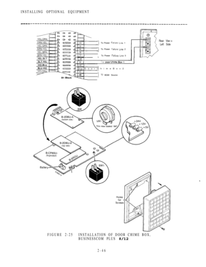 Page 98INSTALLING OPTIONAL EQUIPMENT
  
To Power   1Rear Viev
Left Side
To Power   2 
.-1To Power 3  -- I o  
ToDoorChimeBox2
43TOBGM Source
FIGURE 2-25INSTALLATION OF DOOR CHIME BOX,
BUSINESSCOM PLUS 
2-46 