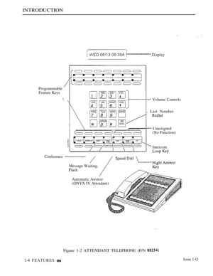 Page 16INTRODUCTION
Programmable
Feature Keys
\
 Volume Controls
, Last Number
 Unassigned
(No Function)
 Intercom
 
Conference
Message Waiting,
Automatic Answer
(ONYX IV Attendant)
Figure 1-2 ATTENDANT TELEPHONE (P/N 
 FEATURES Issue 1-O 
