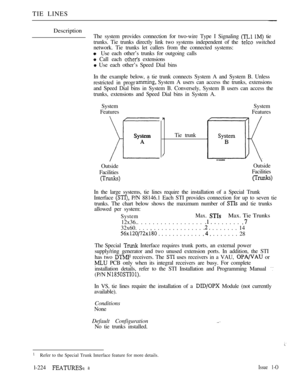 Page 218TIE LINES
Description
The system provides connection for two-wire Type I Signaling   tie
trunks. Tie trunks directly link two systems independent of the 
 switched
network. Tie trunks let callers from the connected systems:
Use each other’s trunks for outgoing calls
 Call each  extensions
 Use each other’s Speed Dial bins
In the example below, a tie trunk connects System A and System B. Unless
restricted in progr
System A users can access the trunks, extensions
and Speed Dial bins in System B....