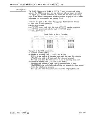 Page 230TRAFFIC  REPORTING  IV)
Description
The Traffic Management Report in ONYX IV only records trunk related
activity. The TMS report does not log Intercom calls or feature activation.
The report 
 includes extensions and trunks that had trunk call activity.
Refer to the Traffic Management Reporting feature on page l-233 for more
information on programming and running 
There are five parts to the Traffic  Report (shown below):
 Trunk calls at each extension
 Calls at each trunk
  group trunk calls for each...
