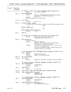 Page 241VOICE    VOICE 
Feature Operation
Step  
Step  
Step 3 
Step  l
Step I 
Step  
Step  
Step  
Step  l
Step  
Step  
Step  l
Step  l
To Transfer a call to the   System  only): Look for:  On  green)
Press INTERCOM.Look for: -- HOLD Hold Flash (red). Fast Flash (green)
(Son-modular) -- HOLD Exclusive Hold
Listen for:
Dial toneIf   an ESL   HLD instead.
Press MSG.Listen for:Dial tone stops
 Dial extension number.To send the call to the Automated Attendant. dial the  master number instead.
OR
 Press Hotline...