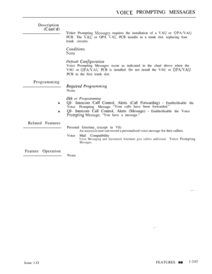 Page 243 PROMPTING MESSAGES
Description
Programming
Related Features
Feature OperationVoice 
Prompting  requires the installation of a  or 
PCB. The  or OPA  PCB installs in a trunk slot. replacing four
trunk circuits.
Default 
Voice Prompting Messages occur as indicated in the chart above when the
VAU or 
 PCB is installed. Do not install the VAU or 
PCB in the first trunk slot.
 
None
 er Programming
QJ- Intercom  Control, Alerts (Call Forwarding)  Enable/disable the
Voice Prompting Message.“Your calls have...