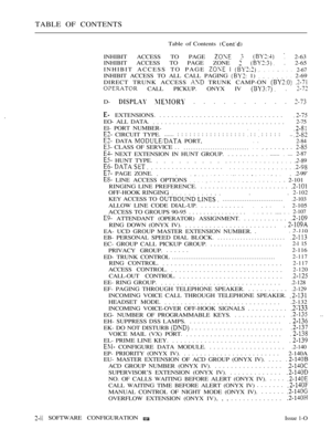 Page 249TABLE OF CONTENTS
Table of Contents 
INHIBIT ACCESS TO PAGE     2-63
INHIBIT ACCESS TO PAGE ZONE 
  . 2-65
INHIBIT ACCESS TO PAGE 
  2-67
INHIBIT ACCESS TO ALL CALL PAGING  1)         2-69
DIRECT TRUNK ACCESS 
 TRUNK CAMP-ON  
 CALL PICKUP. ONYX IV  . 
D-   . . . . . . . . . . 
 EXTENSIONS................................
EO- ALL DATA.
.................................2-75
El- PORT NUMBER-
 CIRCUIT TYPE.......: : : : : : : : : : : : : : : : :  : :  : : : : : ..
 DATA  PORT,
..............................