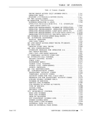 Page 254TABLE OF CONTENTS
Table of Contents 
TRUNK GROUP ACCESS  (HYBRID ONLY).
OPERATOR DIGIT..........
....
FEATURE   ACCESS            . .   
  ACCESS CODES............
QC-OPERATOR .....
SUPPRESS OPERATOR ......
 PROGRAMMING. VX  . .
RING COUNT (ONYX ...............
OPERATOR PROGRAMMING. NUMBER OF 
.......2-249
OPERATOR PROGRAMMING. OPERATOR EXTENSIONS . . 
OPERATOR PROGRAMMING. LOOP KEYS (ONYX IV),....
OPERATOR PROGRAMMING.  KEYS (ONYX IV). . 
OPERATOR  DSS KEYS (ONYX IV)......
QD- NUMBER OF SYSTEM SPEED...