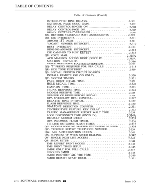 Page 255TABLE OF CONTENTS
Table of Contents (Cont’d)
INTERRUPTED RING RELAYS.
.................... .2-301
EXTERNAL PAGE MUSIC GAIN.
RELAY CONTROL-RINGER ON
...................................
..
2-302
RELAY CONTROL-PAGE ON.
.....................
RELAY ....2-307
QN- RESTORE STANDARD PORT ASSIGNMENTS           2-310
QO- DID INTERCEPTS.
...........................
.2-311
ABSORB  DIGIT.
............................2-311
VACANT NUMBER INTERCEPT.
...................
BUSY INTERCEPT.
............................ .2-313...