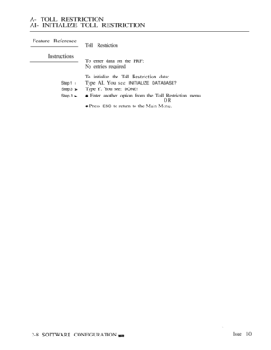 Page 265A- TOLL RESTRICTION
AI- INITIALIZE TOLL RESTRICTION
Feature Reference
Toll Restriction
Instructions
To 
enter data on the PRF:
 entries required.
To initialize the Toll 
 data:
Step 1 lType AI. You  INITIALIZE DATABASE?
Step 3 Type Y. You see: DONE!
Step   Enter another option from the Toll Restriction menu.
OR
 Press ESC to return to the  
2-8  CONFIGURATIONIssue 1-O 