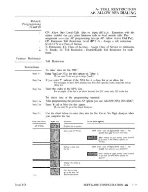 Page 284A- TOLL RESTRICTION
 ALLOW NPA 
Related
Programming
l
l
l
Feature Reference
Instructions
Step  l
Step 2 
Step  
Step 1 
Step 2 
Step 3 l
CP-   Local Calls  or Sight)   Extensions with this
option enabled can 
 place Intercom calls or local outside calls. This
assignment 
 AP programming (except AP- Allow Active Dial Pad).
CP- Extension Toll Restriction Level 
  Assign a toll restriction
level (O-7) to a Class of 
Service.
E- Extensions.  Class of   Assign Class of Service to extensions.
E- Trunks. EJ-...