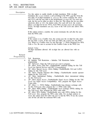 Page 285A- TOLL RESTRICTION
 SIX DIGIT 
Description
Related
Programming
l
l
Use this option to enable disable six-digit translation. With six-digit
translation. the 
 restricts a call according to the NPA  the  the
user dials. If six-digit translation is 
 the svstern compares the 
and  code the user dials to the programmed  list. For each area
code. the list can be either an allow or deny list. This means the list can either
selectively allow or 
 the dialed codes. For each toll level. the system
allows a...
