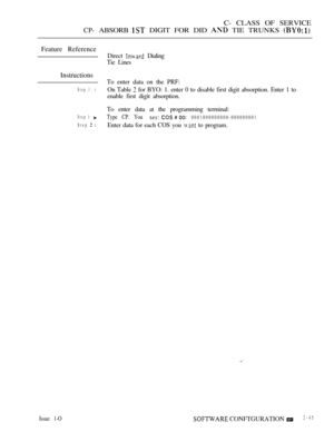 Page 303C- CLASS OF SERVICE
CP- ABSORB  DIGIT FOR DID  TIE TRUNKS 
Feature Reference
Instructions
Step 1 l
Step 1 
Step  l
Issue 1-O
Direct  Dialing
Tie Lines
To enter data on the PRF:
On Table 
 for BYO: 1. enter 0 to disable first digit absorption. Enter 1 to
enable first digit absorption.
To enter data at the programming terminal:
Type CP. You  0001000000000-000000001
Enter data for each COS you  to program.
 CONFTGURATION 2-45 