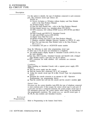 Page 340E- EXTENSIONS
 CIRCUIT TYPE
Description
Use this option to identify. the type of telephone connected to each extension
port. The extension circuit type choices are:
00 ESL set
01 
 (lo-button or 30-button without display) and Data Module
(refer to the Data Products Manual)
02 30-button display 
03 Data Set (dual channel only  refer to the Data Products Manual)
04 Dual channel 
 (e.g., attendant phone P/N 88254)
05 OPX extension, AS1 without DTMF receiver (P/N 89748) and 
ports
06 DSS Console and ONYX IV...