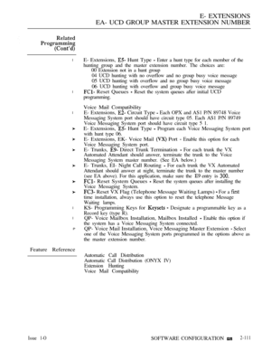 Page 371E- EXTENSIONS
EA- UCD GROUP MASTER EXTENSION NUMBER
l
l
l
l
l
P
Feature ReferenceE- Extensions, 
 Hunt Type  Enter a hunt type for each member of the
hunting group and the master extension number. The choices are:
00 Extension not in a hunt group
04 UCD hunting with no overflow and no group busy voice message
05 UCD hunting with overflow and no group busy voice message
06 UCD hunting with overflow and group busy voice message
 Reset Queues  Reset the system queues after initial UCD
programming.
Voice...