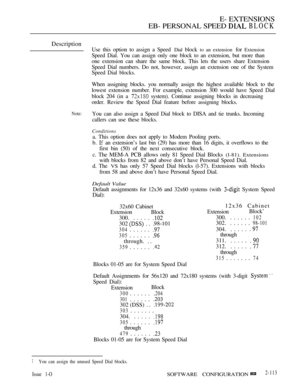 Page 373E- EXTENSIONS
EB- PERSONAL SPEED 
 BLOCK
Description
Note:
Use this option to assign a Speed Dial block to an extension for Extension
Speed Dial. You can assign only one block to an extension, but more than
one extension can share the same block. This lets the users share Extension
Speed Dial numbers. Do not, however, assign an extension one of the System
Speed Dial blocks.
When assigning blocks. you normally assign the highest available block to the
lowest extension number. For example, extension 300...