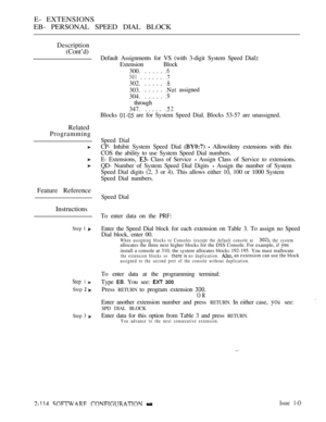 Page 374E- EXTENSIONS
EB- PERSONAL SPEED DIAL BLOCK
Description
(Cont’d)
Related
Programming
Feature Reference
Instructions
Step 1 
Step 1 
Step  
Step 3 
Default Assignments for VS (with 3-digit System Speed Dial):
Extension Block
300......
301......
302......
303...... assigned
304......
through
347......
 2
Blocks  are for System Speed Dial. Blocks 53-57 are unassigned.
Speed Dial
CP- Inhibit System Speed Dial 
  Allow/deny extensions with this
COS the ability to use System Speed Dial numbers.
E- Extensions,...