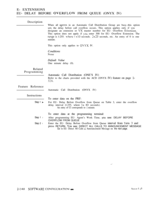 Page 410E- EXTENSIONS
EU- DELAY BEFORE 
 FROM QUEUE (ONYX IV)
Description
When all  in an Automatic Call Distribution Group are busy.-this option
sets the delay before call overflow occurs. This option applies only if vou
designate an estension or 
 master number for EU- Overflow 
This option does not apply if  enter 300 for EU- Overflow Extension. The
 is l-255.    seconds.  seconds, etc. An entry of 0 is one
minute.
This option only applies to 
 IV.
Conditions
None
Default Value
One minute delay (0).
Related...