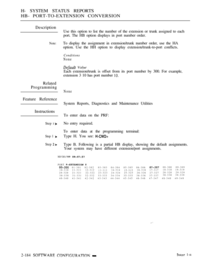 Page 472H- SYSTEM STATUS REPORTS
HB- PORT-TO-EXTENSION CONVERSION
Description
Note:
Related
Programming
Feature Reference
Instructions
Step 1 No entry required.
Step 1 
Step  
Use this option to list the number of the extension or trunk assigned to each
port. The HB option displays in port number order.
To display the assignment in extension/trunk number order, use the HA
option. Use the HH option to display extension/trunk-to-port conflicts.
Conditions
None
 Value
Each extension/trunk is offset from its port...