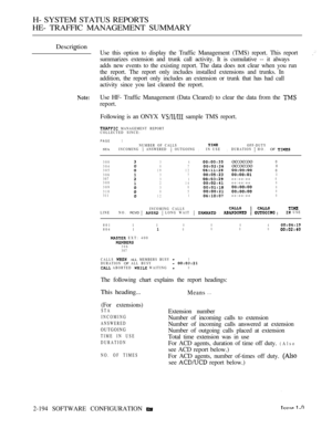 Page 482H- SYSTEM STATUS REPORTS
HE- TRAFFIC MANAGEMENT SUMMARY
Description
Use this option to display the Traffic Management (TMS) report. This report
summarizes extension and trunk call activity. It is cumulative -- it always
adds new events to the existing report. The data does not clear when you run
the report. The report only includes installed extensions and trunks. In
addition, the report only includes an extension or trunk that has had call
activity since you last cleared the report.
Use HF- Traffic...