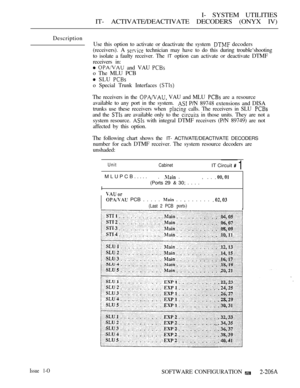 Page 495I- SYSTEM UTILITIES
IT- ACTIVATE/DEACTIVATE DECODERS (ONYX IV)
Description
Use this option to activate or deactivate the system 
 decoders
(receivers). A 
 technician may have to do this during trouble‘shooting
to isolate a faulty receiver. The 
IT option can activate or deactivate DTMF
receivers in:
  and VAU 
o The MLU PCB
 SLU 
o Special Trunk Interfaces 
The receivers in the  VAU and MLU  are a resource
available to any port in the system.
 P/N 89748 extensions and DISA
trunks use these receivers...