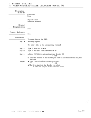 Page 496I- SYSTEM UTILITIES
IT- ACTIVATE/DEACTIVATE DECODERS (ONYX 
Description
Related
Programming
Feature Reference
Instructions
Step 1 
Step 1 l
 2 
Step 3 l
Step  l
Conditions
None
Default 
Decoders activated.
None
None
To enter data on the PRF:
No entry required.
To enter data 
at the programming terminal:
Type I. You see: 
Type T. You see: TONE DECODER # 00
 Press RETURN to activate/deactivate decoder 00.
 OR
Enter the number of the decoder you want to activate/deactivate and press
RETURN.
 Type Y to  the...
