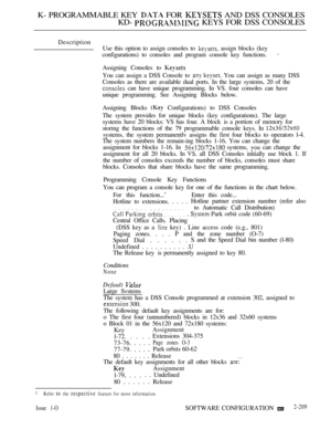 Page 499K- PROGRAMMABLE KEY  FOR  AND DSS CONSOLES
KD- 
 KEYS FOR DSS CONSOLES
Description
Use this option to assign consoles to 
 assign blocks (key
configurations) to consoles and program console key functions.
Assigning Consoles to 
You can assign a DSS Console to   You can assign as many DSS
Consoles as there are available dual ports. In the large systems, 20 of the
 can have unique programming. In VS. four consoles can have
unique programming. See Assigning Blocks below.
Assigning Blocks 
 Configurations)...