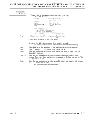 Page 501K-   DATA FOR  AND DSS CONSOLES
KD- 
 KEYS FOR DSS CONSOLES
Instructions
(Cont’d)
Step 8 l
Step 1 l
Step 2 l
Step 3 
Step 
Step 5 
To see a list of the options before you make your entry:o Type H Y. You see:
KEY TYPEENTRY (STD. NO. PLAN)
PAGE P + ZONE  (0-7)
HOTLINEEXT 
ORBITORBIT  (60-69)DSS SPEED S + BIN  (01-80)
LINELINE 
OTHER COMMANDS: UNDEFINE KEY
.
 UNDEFINE KEYS THRU END LIST KEYS  END COPY KEYS FROM ANOTHER DSS +  NEXT KEY   PREVIOUS KEY
o Repeat steps 6 and 7 to program additional keys
OR...