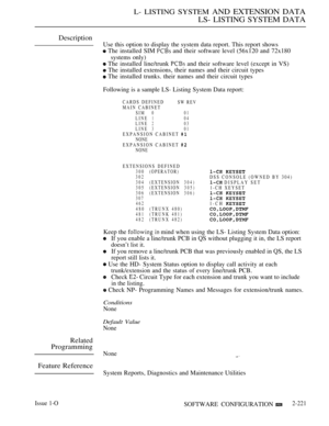 Page 511L- LISTING SYSTEM AND EXTENSION DATA
LS- LISTING SYSTEM DATA
Description
Use this option to display the system data report. This report shows
 The installed SIM  and their software level (56x120 and 72x180
systems only)
 The installed line/trunk  and their software level (except in VS)
 The installed extensions, their names and their circuit types
 The installed trunks. their names and their circuit types
Following is a sample LS- Listing System Data report:
CARDS DEFINEDSW REVMAIN CABINET
SIM001...