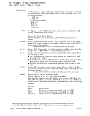 Page 550 SYSTEM WIDE PROGRAMMING
QE- LINE GAIN TABLE, GAIN
Description
Note:
Step  
Step 2 l
Step 3 l
Step  
  
Use this option to set the relative gain for each trunk. This may be necessary
to compensate for transmission gains or losses from the Central Office. The
QE entry choices are:
+ 6 
 gain
+ 3 
 gain
0 
 (no gain or loss)
-3  loss
-6  loss
-9 
 loss
-12 
 loss
A 3 
 gain   doubles the volume on the trunk. A 3  loss (-3 
cuts the volume on the trunk in half.
Testing the Trunk Signal Levels
Before setting...