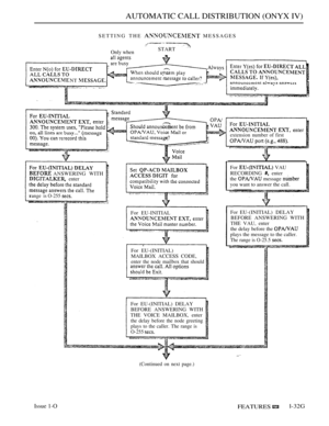 Page 71AUTOMATIC CALL DISTRIBUTION (ONYX IV)
SETTING THE  MESSAGES
  
STARTOnly when
NT 
extensionnumber of first
ANSWERING WITH enter
rangeis O-255 
For EU-INITIAL
For EU-(INITIAL)
MAILBOX ACCESS CODE,
enter the node mailbox that should
For  VAU
RECORDING 
 enter
the 
 message 
you want to answer the call.
ForEU-(INITIAL) DELAY
BEFORE ANSWERING WITH
THE VAU, enter
the delay before the 
plays the message to the caller.
The range is O-25.5 
For EU-(INITIAL) DELAY
BEFORE ANSWERING WITH
THE VOICE MAILBOX, enter...