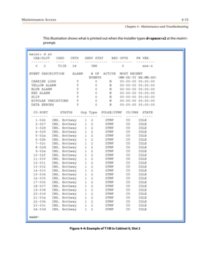 Page 117Maintenance Access4-15
Chapter 4 - Maintenance and Troubleshooting
This illustration shows what is printed out when the installer typesds2at themaint>
prompt.
Figure 4-4: Example of T1IB in Cabinet 0, Slot 2
maint> d s2
  CAB/SLOT   CARD   CKTS   SERV STAT    BRD OPTS    FW VER.
 ---------   ----   ----   -----------  ----------  ---------
   0   2      T1IB   24       INS            0         xxx-x
EVENT DESCRIPTION    ALARM    # OF  ACTIVE  MOST RECENT
                             EVENTS...