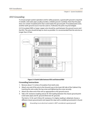 Page 43KSU Installation3-9
Chapter 3 - System Installation
KSU Grounding
To ensure proper system operation and for safety purposes, a good earth ground is required.
A metallic cold water pipe usually provides a reliable ground. Carefully check that the pipe
does not contain insulated joints that could isolate the ground path. If insulated joints exist,
another earth ground source must be used or, if allowed, the joints may be bridged.
A #14 insulated AWG or larger copper wire should be used between the ground...