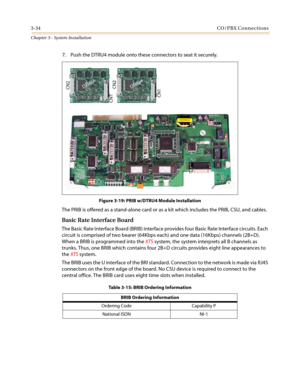 Page 683-34CO/PBX Connections
Chapter 3 - System Installation
7. Push the DTRU4 module onto these connectors to seat it securely.
Figure 3-19: PRIB w/DTRU4 Module Installation
ThePRIBisofferedasastand-alonecardorasakitwhichincludesthePRIB,CSU,andcables.
Basic Rate Interface Board
The Basic Rate Interface Board (BRIB) interface provides four Basic Rate Interface circuits. Each
circuit is comprised of two bearer (64Kbps each) and one data (16Kbps) channels (2B+D).
When a BRIB is programmed into theXTSsystem, the...