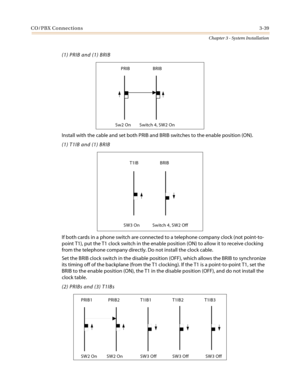 Page 73CO/PBX Connections3-39
Chapter 3 - System Installation
(1) PRIB and (1) BRIB
Install with the cable and set both PRIB and BRIB switches to the enable position (ON).
(1)T1IBand(1)BRIB
If both cards in a phone switch are connected to a telephone company clock (not point-to-
point T1), put the T1 clock switch in the enable position (ON) to allow it to receive clocking
from the telephone company directly. Do not install the clock cable.
Set the BRIB clock switch in the disable position (OFF), which allows...