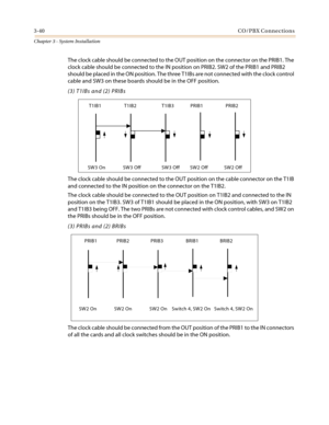 Page 743-40CO/PBX Connections
Chapter 3 - System Installation
The clock cable should be connected to the OUT position on the connector on the PRIB1. The
clock cable should be connected to the IN position on PRIB2. SW2 of the PRIB1 and PRIB2
should be placed in the ON position. The three T1IBs are not connected with the clock control
cable and SW3 on these boards should be in the OFF position.
(3) T1IBs and (2) PRIBs
The clock cable should be connected to the OUT position on the cable connector on the T1IB
and...