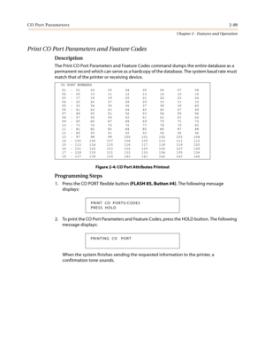 Page 119CO Port Parameters2-89
Chapter 2 - Features and Operation
PrintCOPortParametersandFeatureCodes
Description
The Print CO Port Parameters and Feature Codes command dumps the entire database as a
permanent record which can serve as a hardcopy of the database. The system baud rate must
match that of the printer or receiving device.
Figure 2-4: CO Port Attributes Printout
Programming Steps
1. Press the CO PORT flexible button(FLASH 85, Button #4). The following message
displays:
2. To print the CO Port...