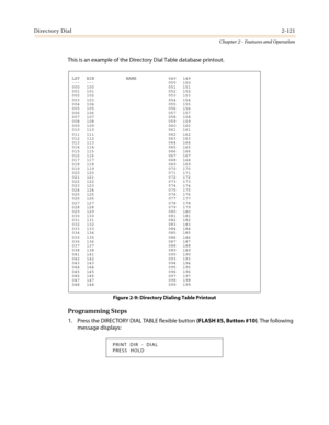 Page 151Directory Dial2-121
Chapter 2 - Features and Operation
This is an example of the Directory Dial Table database printout.
Programming Steps
1. Press the DIRECTORY DIAL TABLE flexible button(FLASH 85, Button #10). The following
message displays:
LST
---
000
001
002
003
004
005
006
007
008
009
010
011
012
013
014
015
016
017
018
019
020
021
022
023
024
025
026
027
028
029
030
031
032
033
034
035
036
037
038
041
042
043
044
045
046
047
048BIN
---
100 
101 
102 
103 
104 
105 
106 
107 
108 
109 
110 
111...