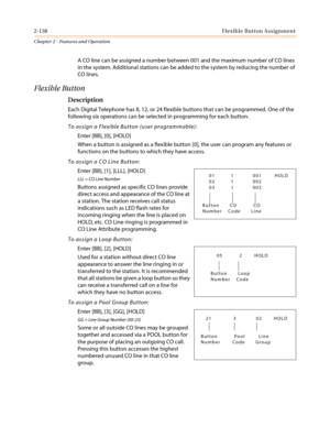 Page 1682-138Flexible Button Assignment
Chapter 2 - Features and Operation
A CO line can be assigned a number between 001 and the maximum number of CO lines
in the system. Additional stations can be added to the system by reducing the number of
CO lines.
Flexible Button
Description
Each Digital Telephone has 8, 12, or 24 flexible buttons that can be programmed. One of the
following six operations can be selected in programming for each button.
To assign a Flexible Button (user programmable):
Enter [BB], [0],...