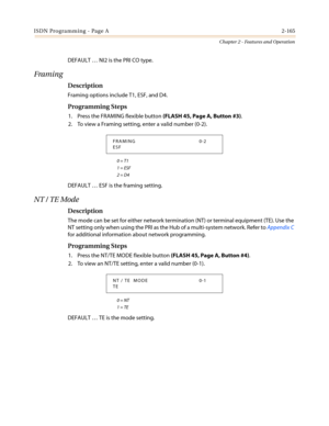 Page 195ISDN Programming - Page A2-165
Chapter 2 - Features and Operation
DEFAULT…NI2 is the PRI CO type.
Framing
Description
Framing options include T1, ESF, and D4.
Programming Steps
1. Press the FRAMING flexible button(FLASH 45, Page A, Button #3).
2. To view a Framing setting, enter a valid number (0-2).
0=T1
1 = ESF
2=D4
DEFAULT…ESF is the framing setting.
NT / TE Mode
Description
The mode can be set for either network termination (NT) or terminal equipment (TE). Use the
NT setting only when using the PRI...