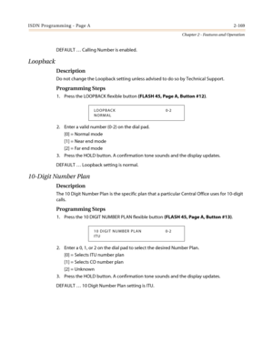 Page 199ISDN Programming - Page A2-169
Chapter 2 - Features and Operation
DEFAULT…Calling Number is enabled.
Loopback
Description
Do not change the Loopback setting unless advised to do so by Technical Support.
Programming Steps
1. Press the LOOPBACK flexible button(FLASH45,PageA,Button#12).
2. Enter a valid number (0-2) on the dial pad.
[0] = Normal mode
[1] = Near end mode
[2] = Far end mode
3. Press the HOLD button. A confirmation tone sounds and the display updates.
DEFAULT…Loopback setting is normal....